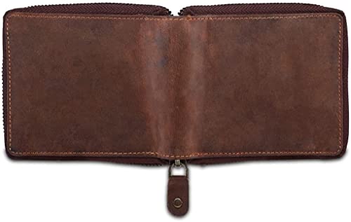 Genuine Leather Unisex Hunter Round Zipper Wallet with RFID Blocker