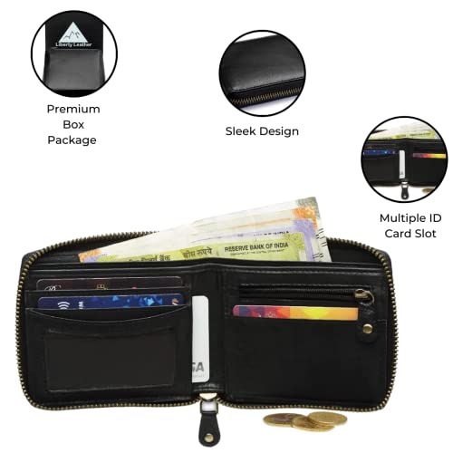 Liberty Leather - Black Bi-Fold Round Zipper Wallet with RFID Blocking Technology | Slim and Sleek Cow Hide Leather Multi Slot Wallet for Men and Boys