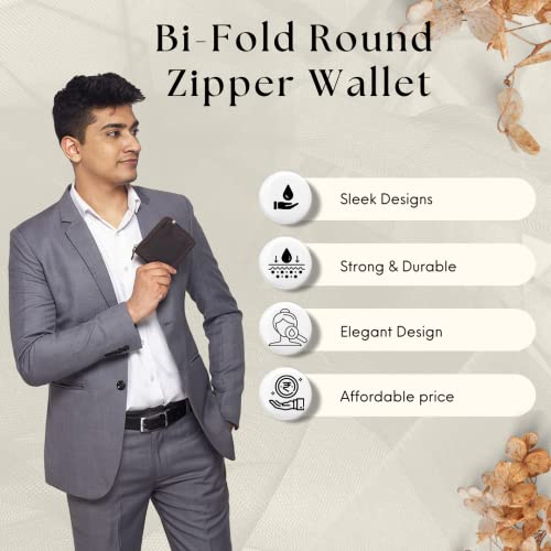 Liberty Leather - Brown Bi-Fold Round Zipper Wallet with RFID Blocking Technology | Slim and Sleek Cow Hide Leather Multi Slot Wallet for Men and Boys