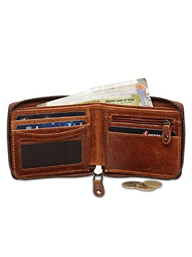 Liberty Leather - Tan Bi-Fold Round Zipper Wallet with RFID Blocking Technology | Slim and Sleek Cow Hide Leather Multi Slot Wallet for Men and Boys