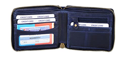 Liberty Leather - Blue Bi-Fold Round Zipper Wallet with RFID Blocking Technology | Slim and Sleek Cow Hide Leather Multi Slot Wallet for Men and Boys