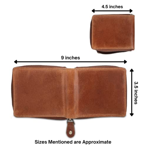Liberty Leather - Tan Bi-Fold Round Zipper Wallet with RFID Blocking Technology | Slim and Sleek Cow Hide Leather Multi Slot Wallet for Men and Boys