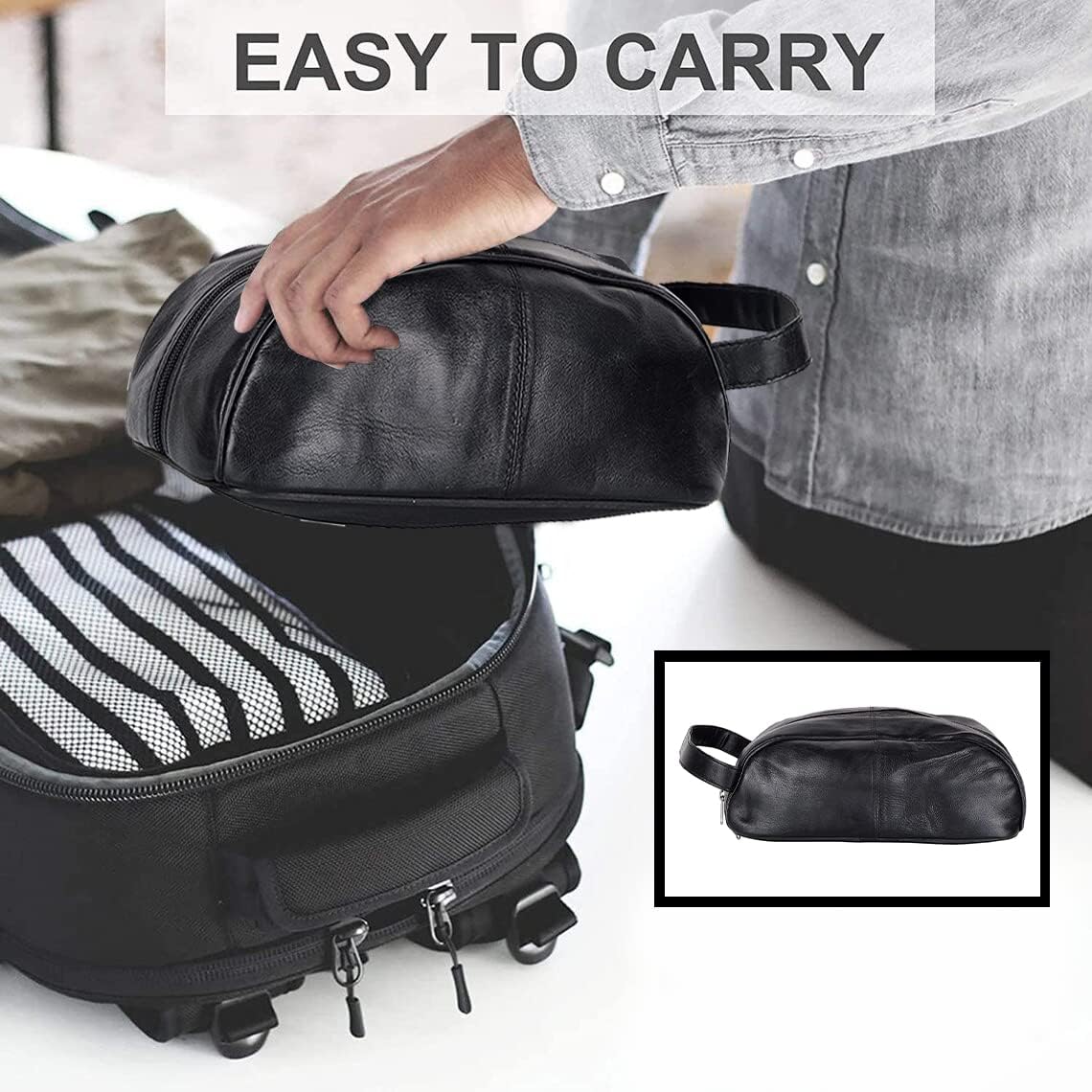 Unisex Toiletry Travel Bag Bathroom Organizer/Shoe Bag Portable Cosmetic Case and Traveling Kit Leather Shaving Bag in Black