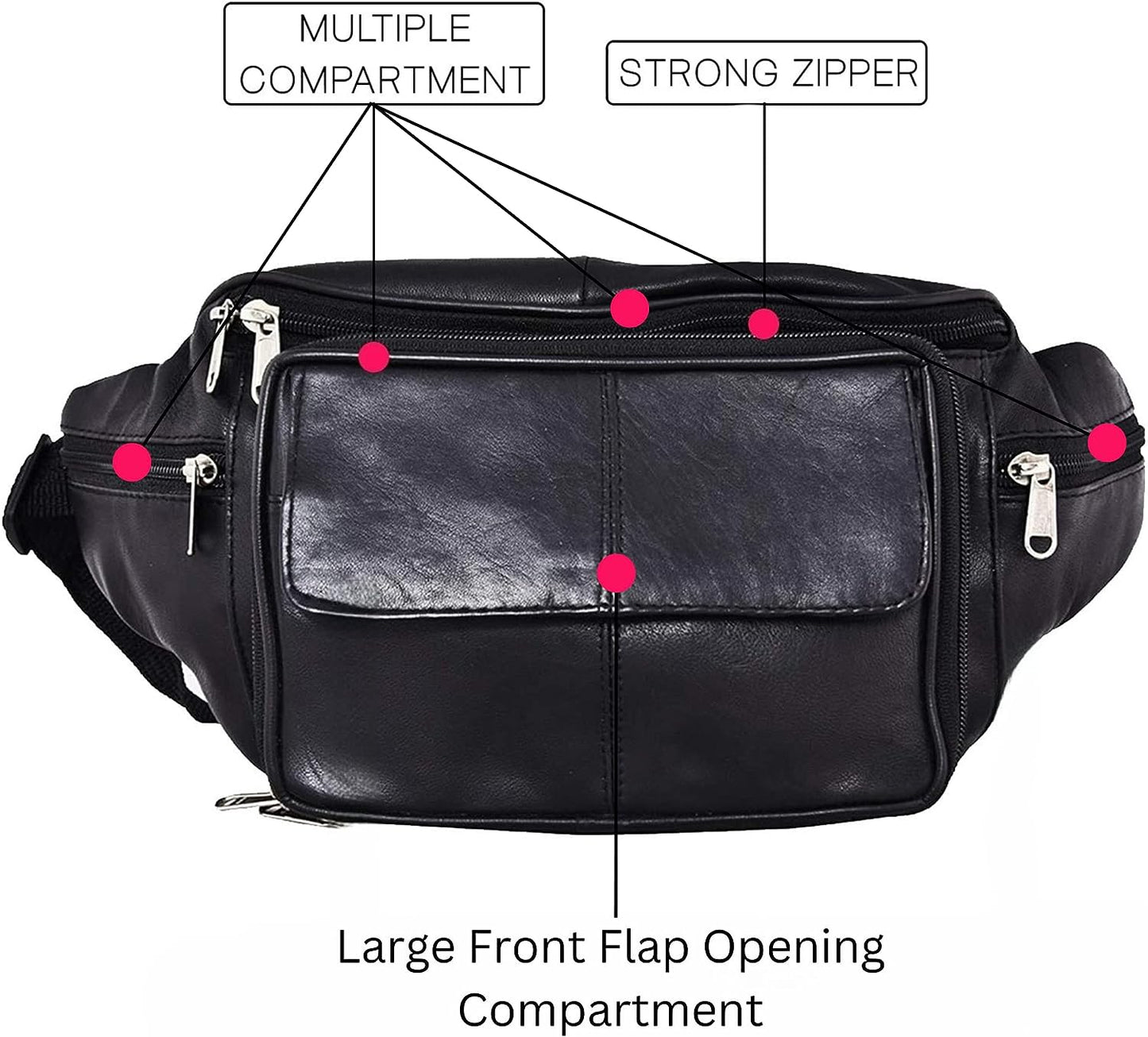 Liberty Leather waist bag, Multi-Pocket Fanny Pack Men and Women, Black Fanny Bag, Adjustable Waist Strap For Walking, Fashion, Cycling, 7 Pocket Large Waist Pouch Organizer