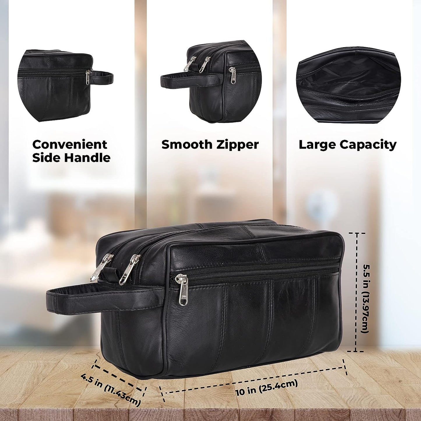 Black Genuine Leather Toiletry Bag for Men and Women, Kit, Bathroom Organizer Shaving Bag