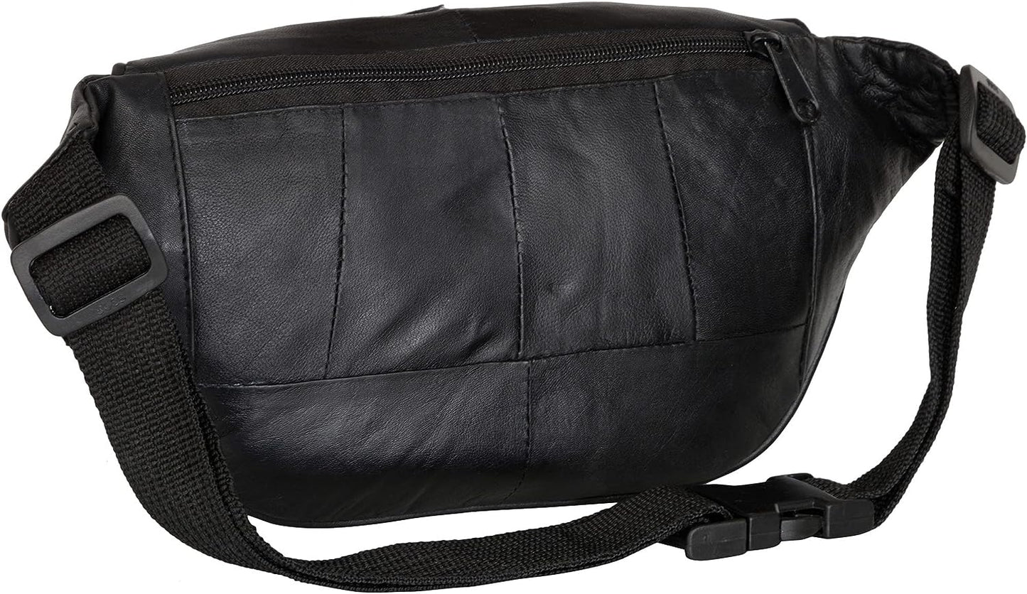 Liberty Leather Sheep Nappa Black Leather Waist Bag | Multi-Pocket Fanny Pack for Outdoor Use, Travel | Adjustable Waist Strap Bum Pack for Walking, Cycling, Running, Fashion