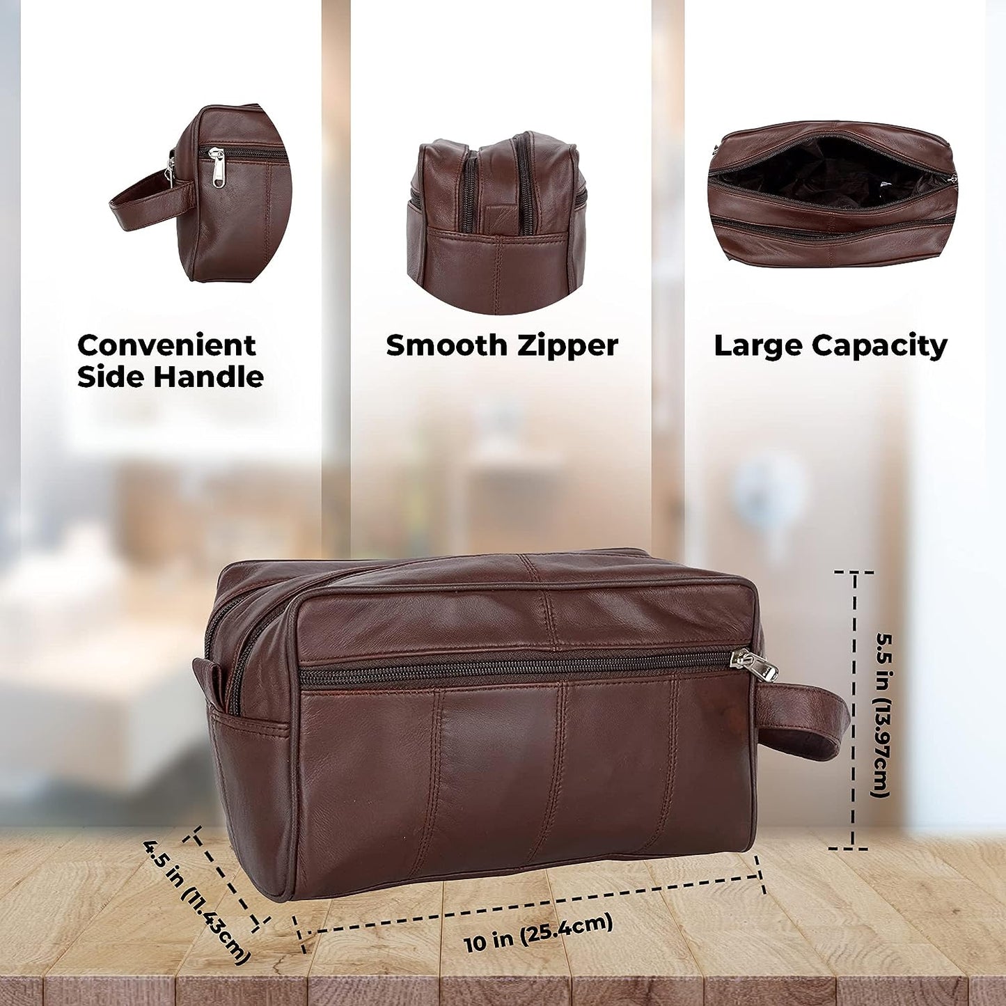 Brown Deluxe Sheep Napa Leather Unisex Toiletry Travel Bag Bathroom Organizer and Shaving Kit Portable Cosmetic Case and Traveling Leather Shaving Bag