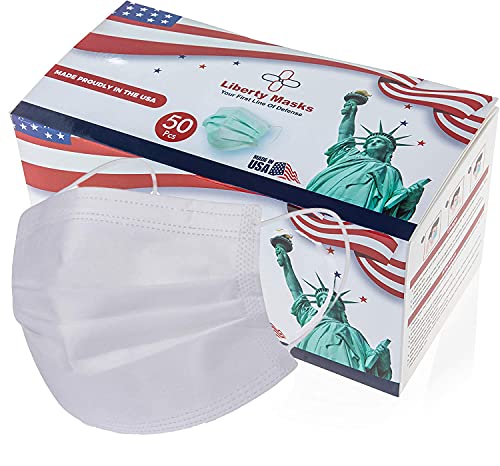 [50-Pack] Liberty Masks | Made in USA | 3 Ply Disposable Face Masks | Adjustable Nose Wire | Breathable Face Covering | Lightweight | Soft Elastic Ear Loops