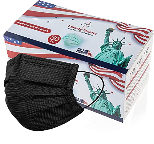 [50-Pack] Liberty Masks | Made in USA | 3 Ply Disposable Face Masks | Adjustable Nose Wire | Breathable Face Covering | Lightweight | Soft Elastic Ear Loops