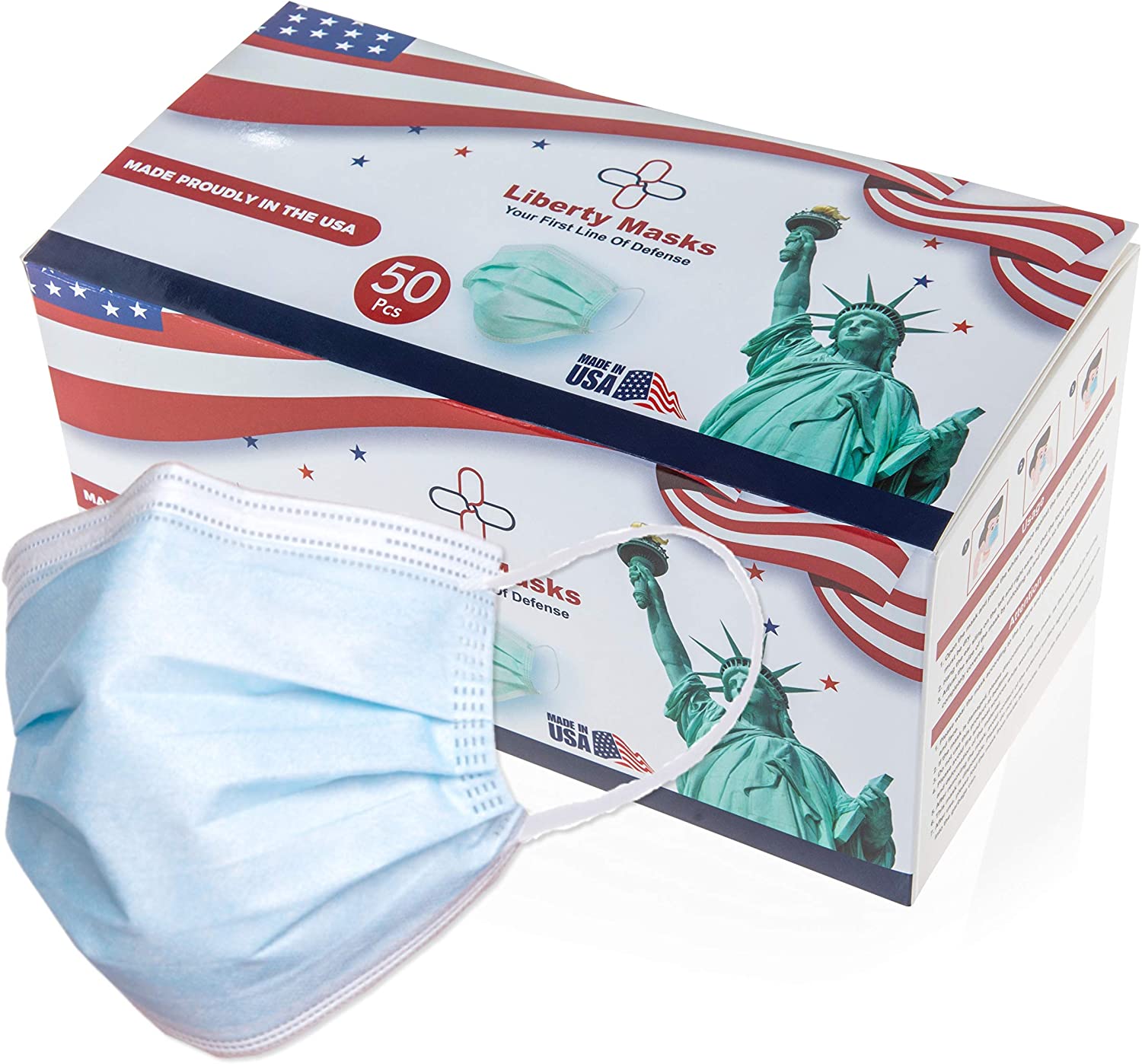 [1000-Pack] BLUE Liberty Masks | Made in USA | 3 Ply Disposable Face Masks | Adjustable Nose Wire | Breathable Face Covering | Lightweight | Soft Elastic Ear Loops
